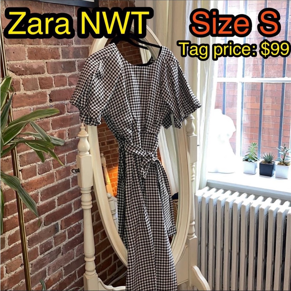 NWT Zara Women houndstooth puffed sleeve midi long dress, size S, black & white